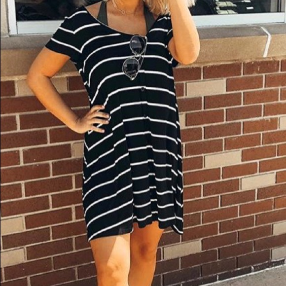 Soft Striped Black T shirt Dress - Picture 2 of 7